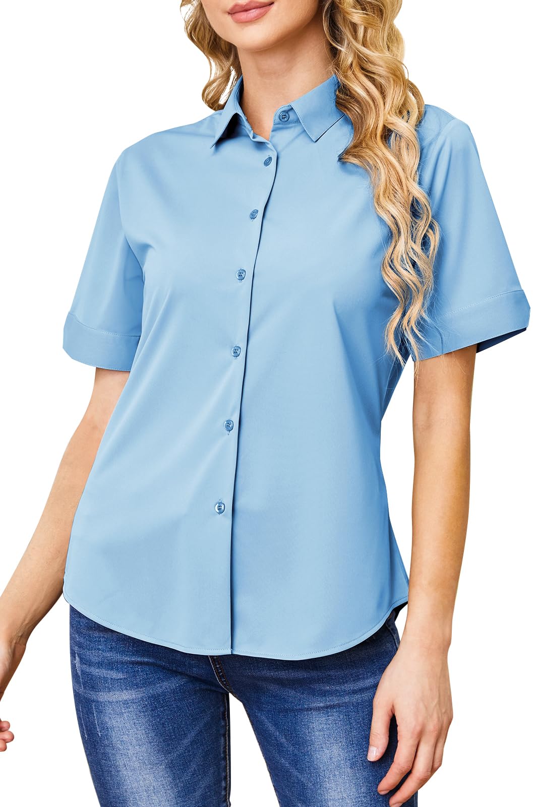 Wrinkle Free Button Down Shirts for Women Charm Slim-Fit Short Sleeve Formal Solid Dress Shirt Blouses Tops