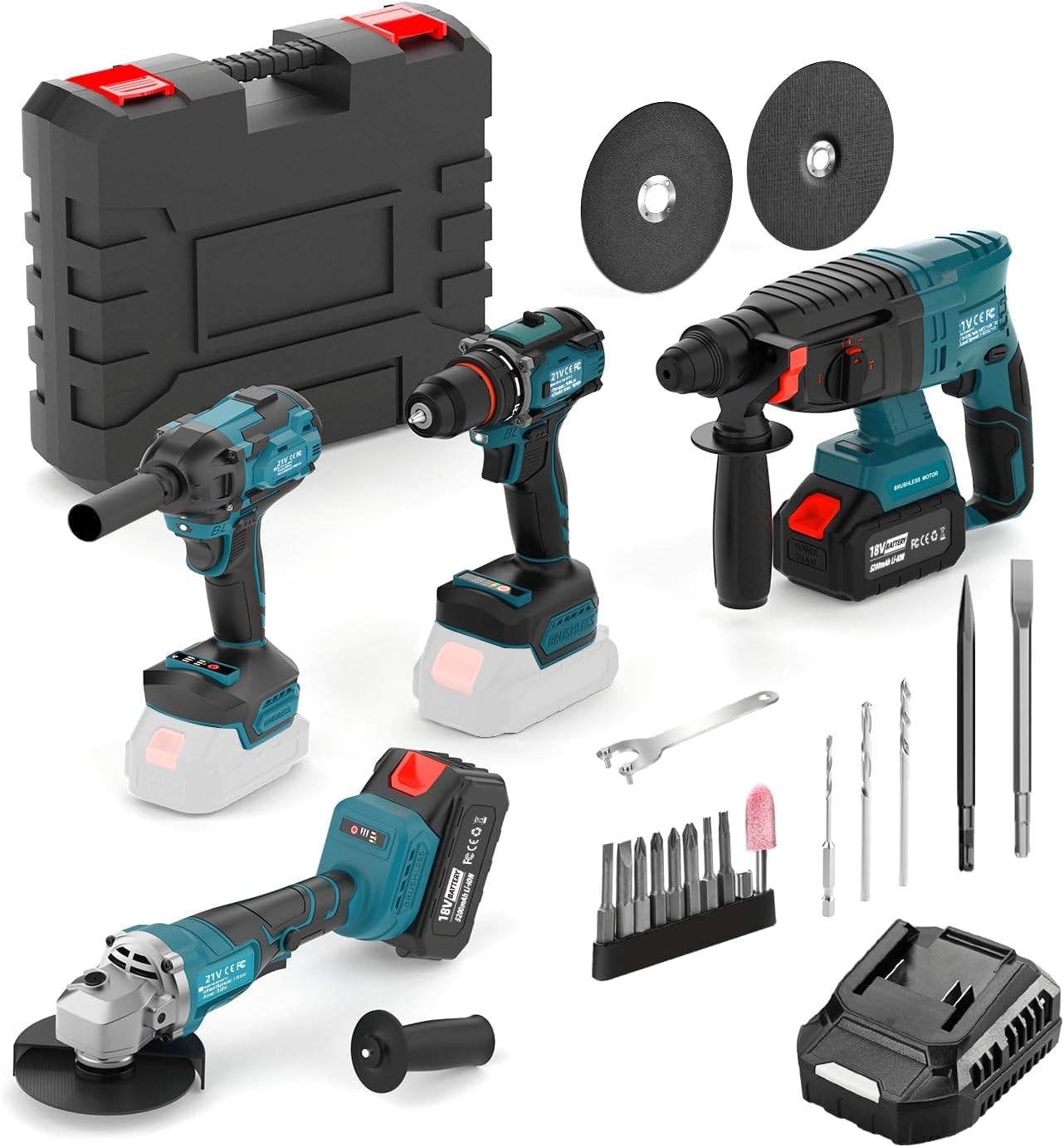 Kits de combinaison d'outils électriques sans fil, ensemble de machine sans brosse de 4 pièces, marteau électrique/broyeuse d'angle/clé d'impact/forage, avec batteries 2 * 5200mAh et chargeur