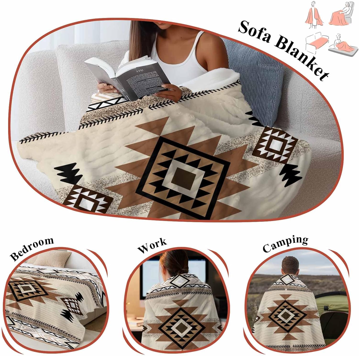 Striped Blanket Aztec Retro Brown Ethnic Style Fleece Throw Blanket 60x80in,Abstract Geometric Soft Cozy Flannel Lightweight Blankets for Couch Bed Sofa - Image 8