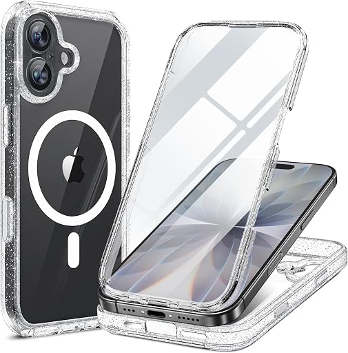 miracase for iPhone 17 Case 6.3'', Full-Body Military Drop Protection Outdoor Phone case with Built-in Glass Screen &Camera Control,Easy Installation,No Gap,Compatible with MagSafe,Clear Glitter