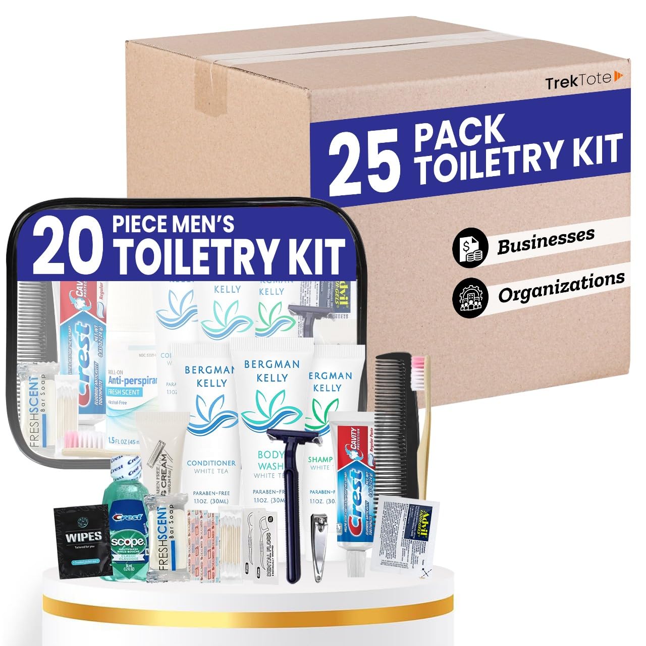 Trektote Bulk Hygiene Kit For Men And Women  (25 Pack) 20 Piece Set Of Travel Size Toiletries, TSA Compliant, Bulk Travel Essentials, Includes Shampoo And Conditioner, Body Wash, Toiletry Bag & More