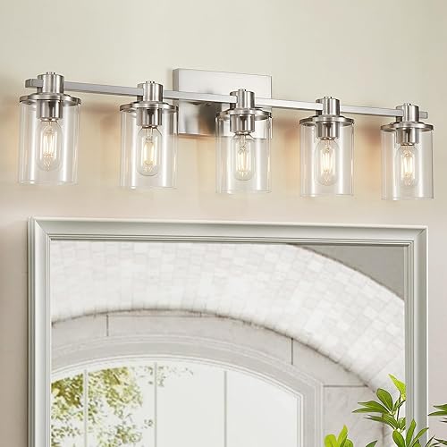 DUJAHMLAND Lámpara de baño, 5 luces de níquel cepillado sobre espejo, luz de tocador con pantalla de vidrio transparente, iluminación de tocador de