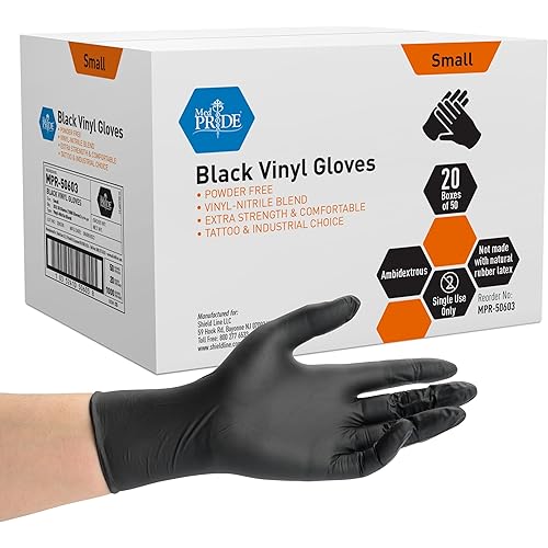 MED PRIDE Extra Strength Black Vinyl Disposable Gloves, Powder & Latex-Free, For Surgical, Tattoo Artist, Food Prep Use