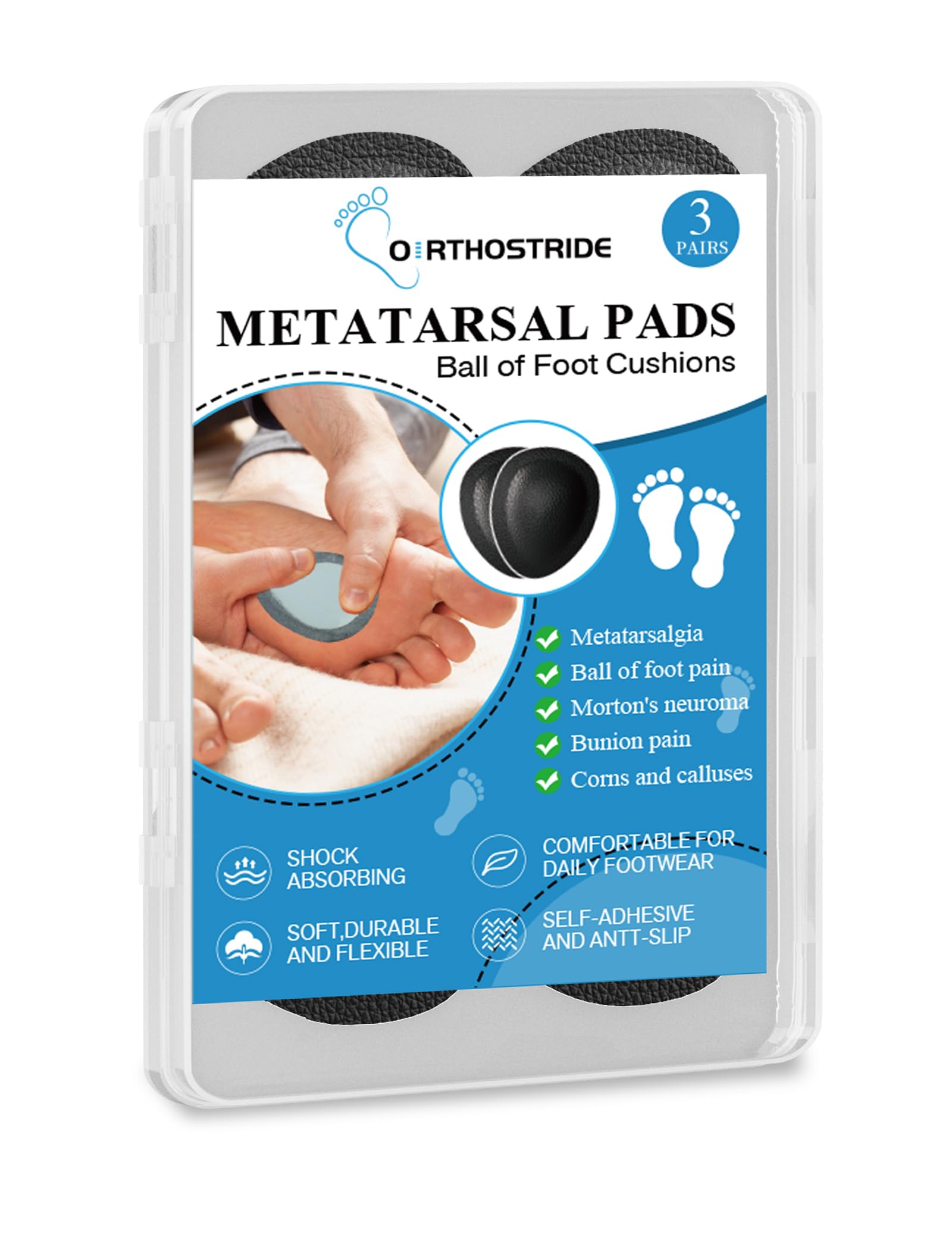 Orthostride Metatarsal Pads for Women, Ball of Foot Cushions for Pain Relief, Comfortable Forefoot Support for Metatarsalgia and Morton's Neuroma, 1/3 Inch Thick Self-Adhesive Foot Pads, 3 Pairs M