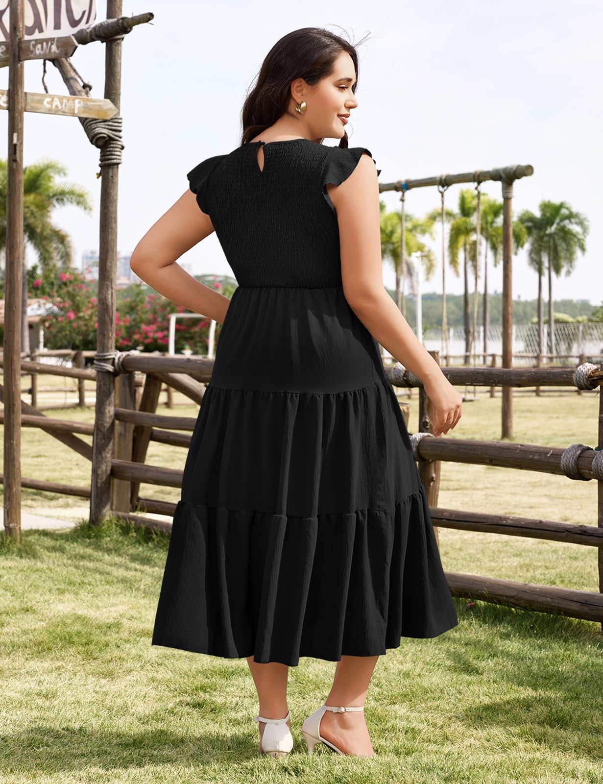HEEKPEK Vestito Estivo Donna Taglie Forti Abito Lungo Eleganti Vestiti Girocollo con Manica a Volant Elastica Vita Casuale Ampio Abiti da Mare Spiaggia A Linea
