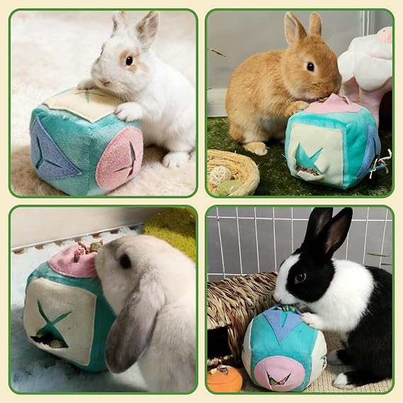 Rabbit Foraging Toy with Bell,Puzzle Feed Game Guinea Pig Fun Enrichment Toys Boredom Relief,Washable Snuffle Interactive Treat Ball Dispenser Exercise Bunny Toys for Indoor Bunnies(Blue)