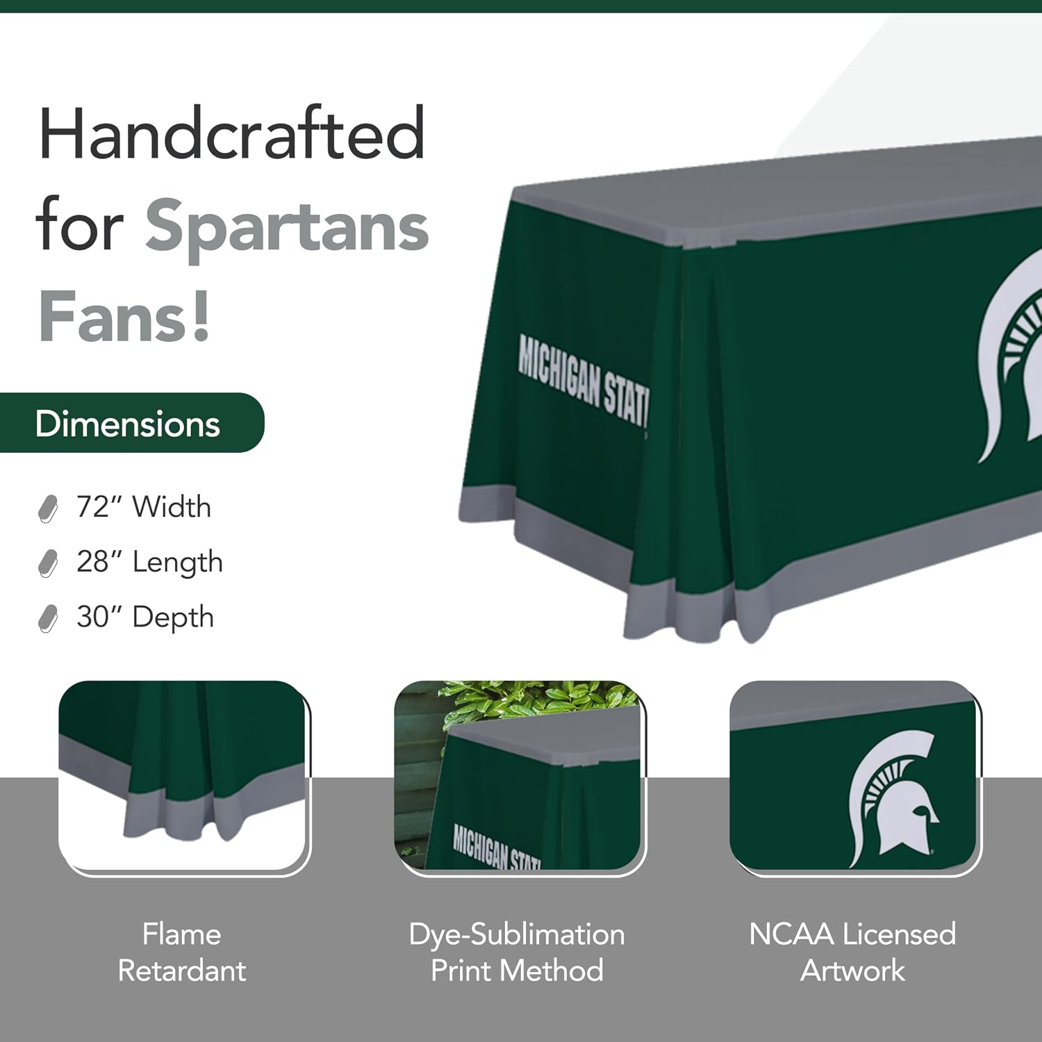 Victory Corps Michigan State Spartans College Sports Printed Table Throw - NCAA Licensed - Polyester - School Tablecloth (Green, Gray) (6' Draped)