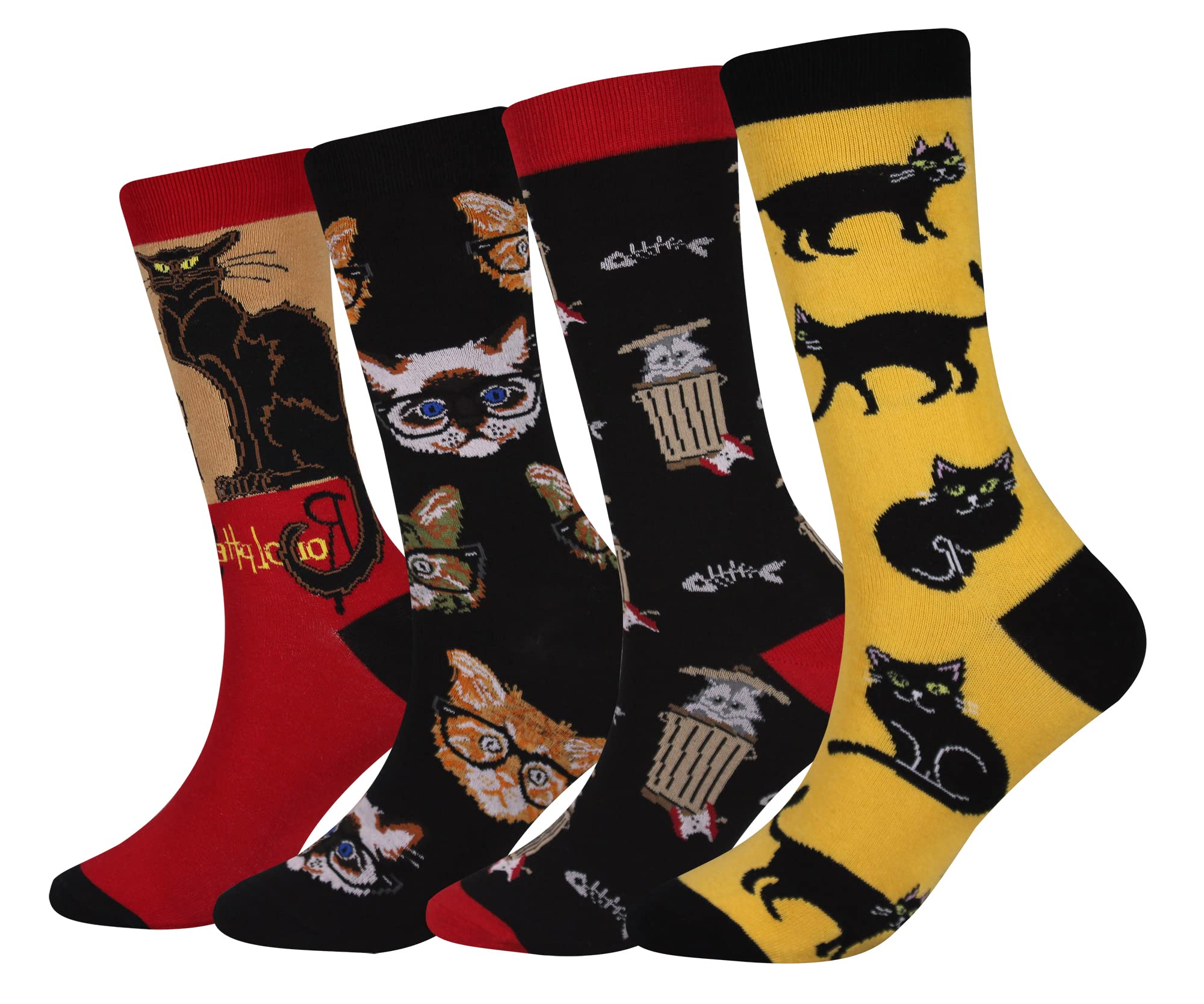 Cansok Men's Animal Cat Socks Funky Novelty Dress Crew Socks (Black Cat - 4 pairs)