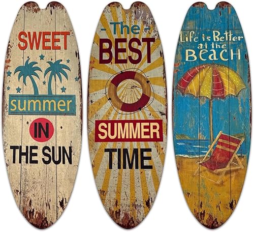 Juego de 3 decoraciones de madera para colgar en la pared de tabla de surf, arte de pared retro de playa, placas costeras hawaianas de 17.7 pulgadas