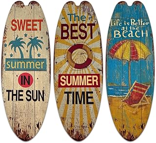 Wooden Surfboard Wall Hanging Decor Set of 3 - Retro Beach Wall Art, 17.7 Inch Hawaiian Coastal Plaques for Living Room, Entryway, Bar Decor (Distressed Finish)