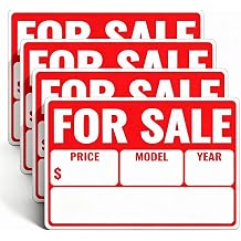 4 Pack For Sale Sign Car, 20mil Thick PVC Vehicle Signs, 12 x 8 Inches