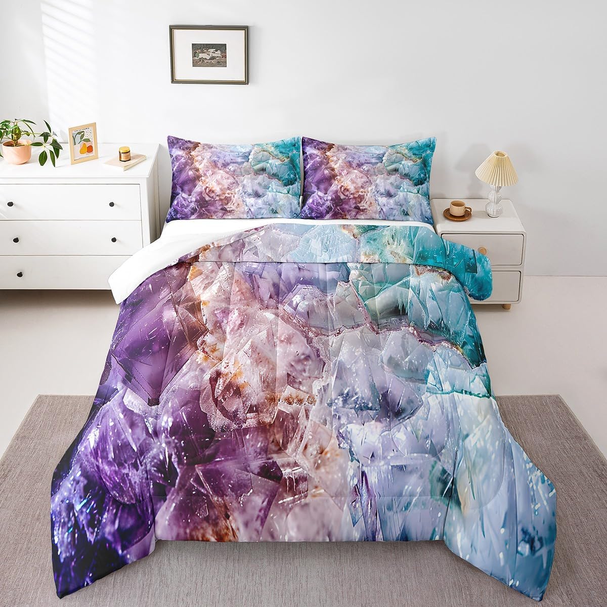 Castle Fairy Marble Bedding Set Full Size Purple Marble Aesthetic Comforter Abstract Mabling Comforter Set Purple Teal Duvet Set 3Pcs Quilt Set 1 Comforter Set with 2 Pillowcase
