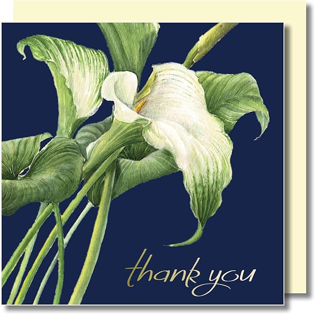 Thank You Greeting Card - Arum Lily Flower - Thank You Thanks - Pale Gold foil Text on Navy Background - Blank Inside - Floral Watercolour Art