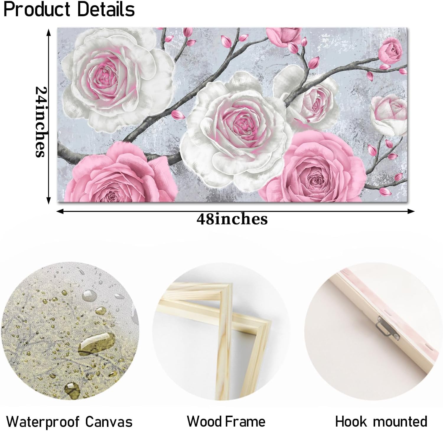 OuElegent Large Pink Wall Art Rose Flower Painting White Pink Floral Pictures Artwork Print for Bedroom Living Room Wall Decoration Wrapped Ready to Hang 24x48 Inch