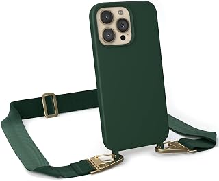 EAZY CASE - Hülle mit Band kompatibel mit iPhone 13 Pro Handyhülle mit Umhängeband Silikonhülle Schwarz Handykette zum Umhängen Handykordel Schutzhülle für Smartphone in Pinien Grün - Clips Gold