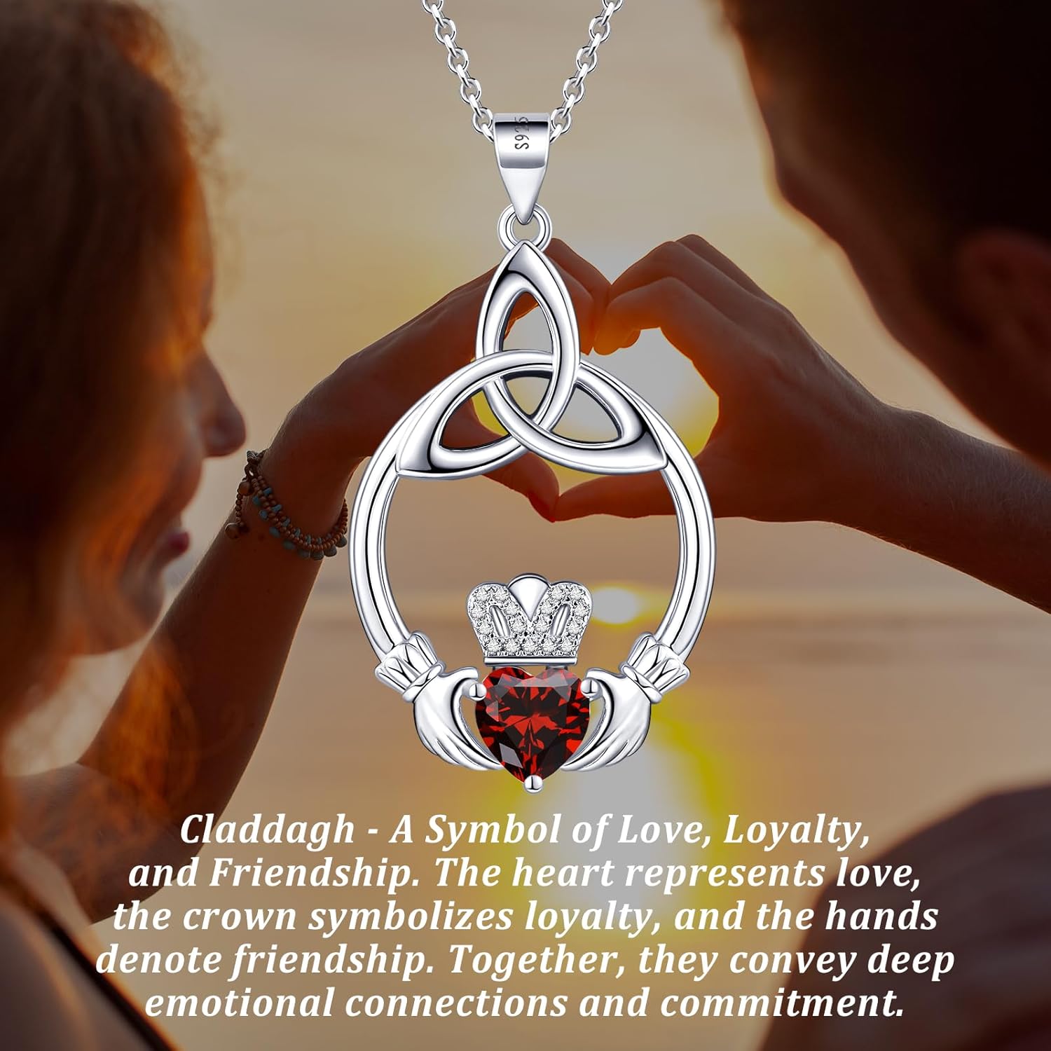 Gift Birthstone Necklaces for Women 925 Sterling Silver Irish Claddagh Necklace for Women Heart Birthstone Pendant Necklace Anniversary Birthday Gifts for Wife Lady Cable Chain 18"+2" - Image 4