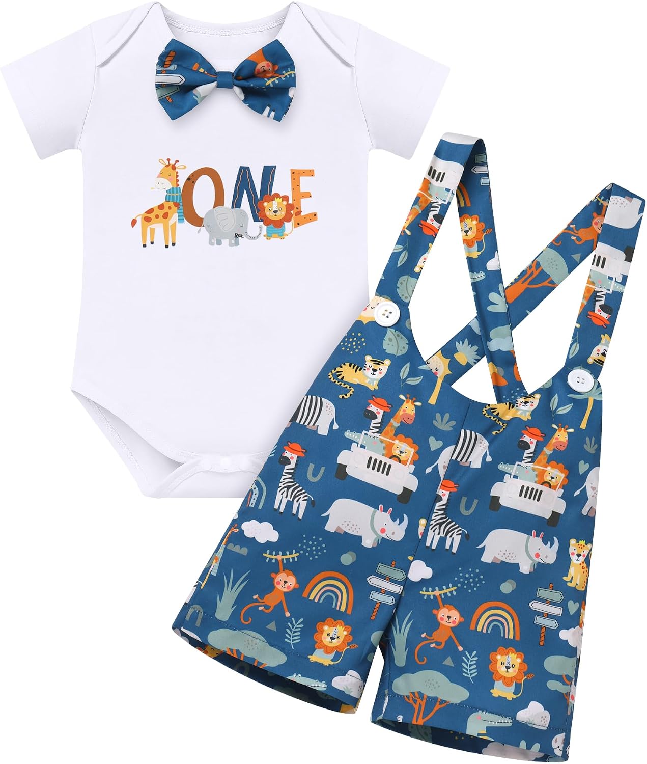 IMEKIS Baby Boys 1st Birthday Outfit Jungle Safari Animals Romper Adjustable Suspenders Shorts Cake Smash Photo Shoot