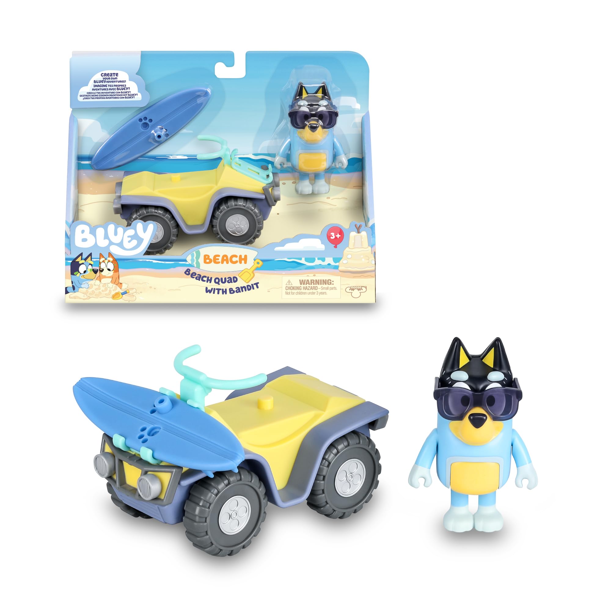 Bluey - Beach Quad with Figure, Blue Dog Quad Toy, Quad Toy with Funny Sunglasses, Quad with Surfboard, Famous (BLY62100)