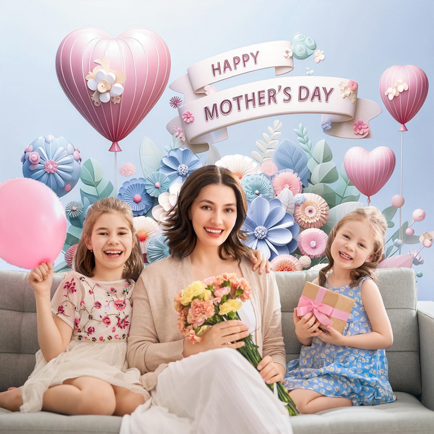 Happy Mothers Day Backdrop 10x8ft Pink Blue Art Floral Mother's Day Photo Backdrops for Photography Flowers Balloons for Mother's Day Family Photoshoot Decorations Party Supplies