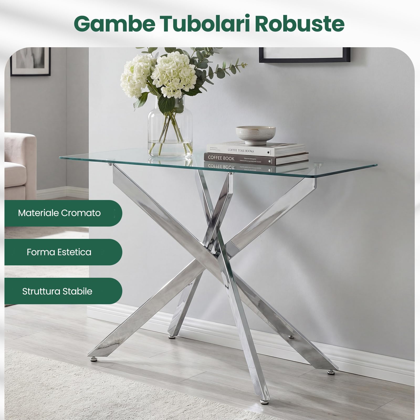 COSTWAY Consolle Ingresso in Vetro Temperato, Tavolo d'Ingresso con Gambe Incrociate in Metallo Placcato e Piedini Regolabili Antiscivolo, Tavolo per Corridoio, Entrata e Salotto (Argento)