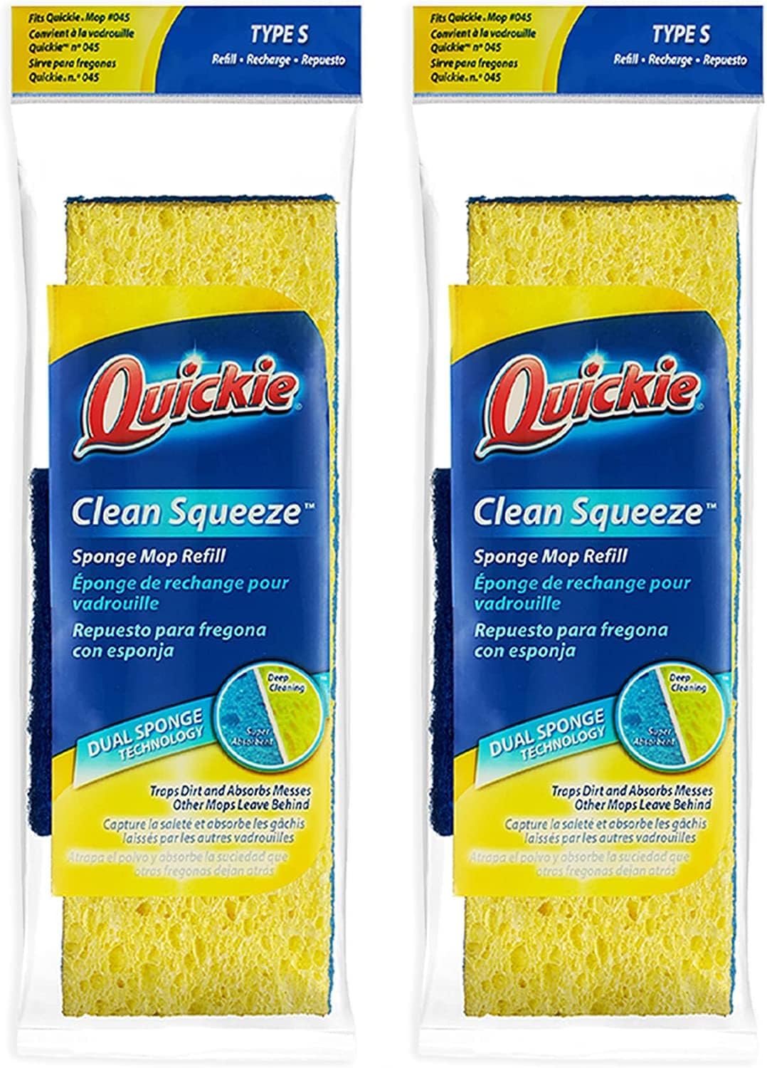 Quickie Sponge Mop Refill Type S [Set of 2] - Mop Head Replacement Pads 9X2.75 Inch - Replacements #045 - Made in USA - Bundled Eraser Cleaning Pad