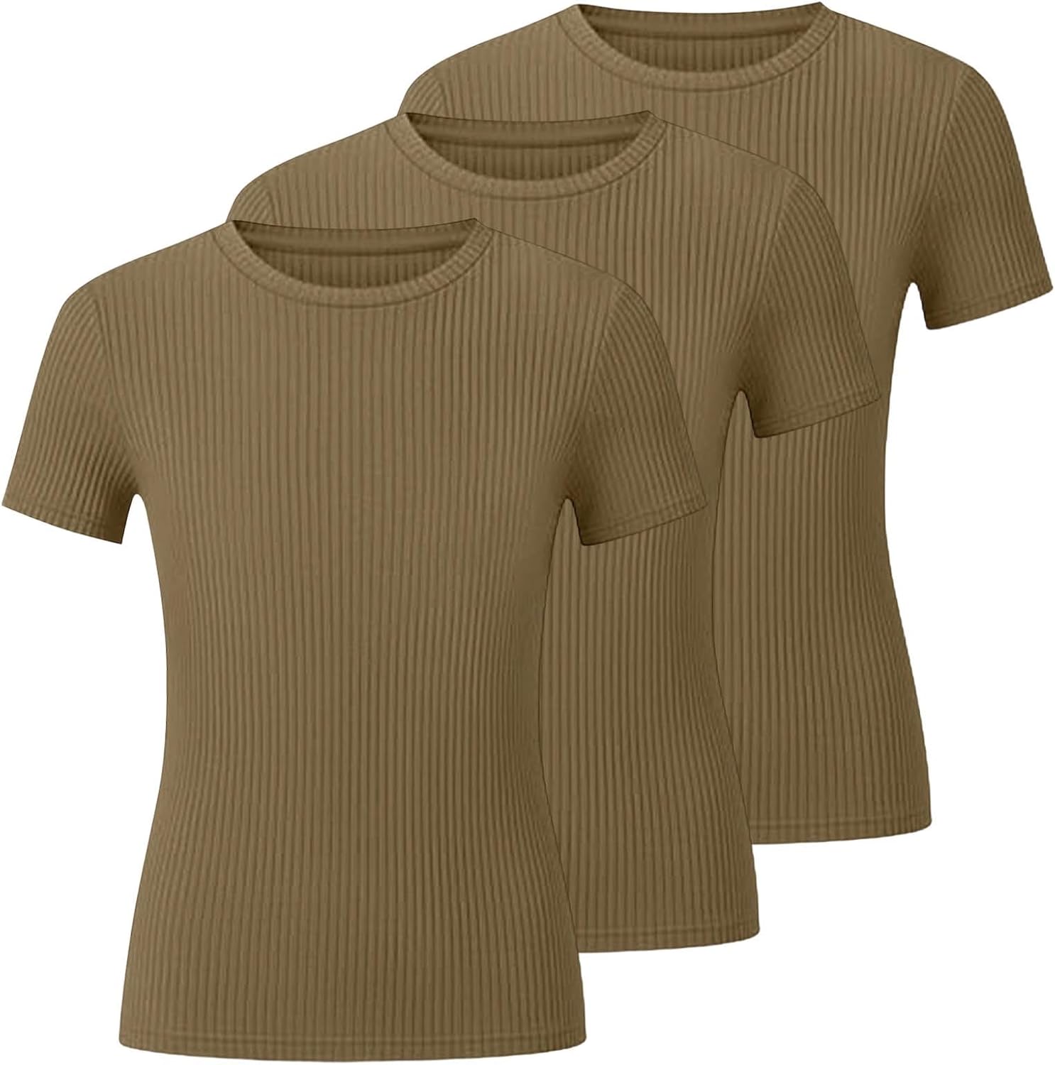 Girls 3 Pack Ribbed Knit Short Sleeve T-Shirts, Crew Neck Slim Fit Basic Tees, Soft Stretchy Casual Tops for Kids