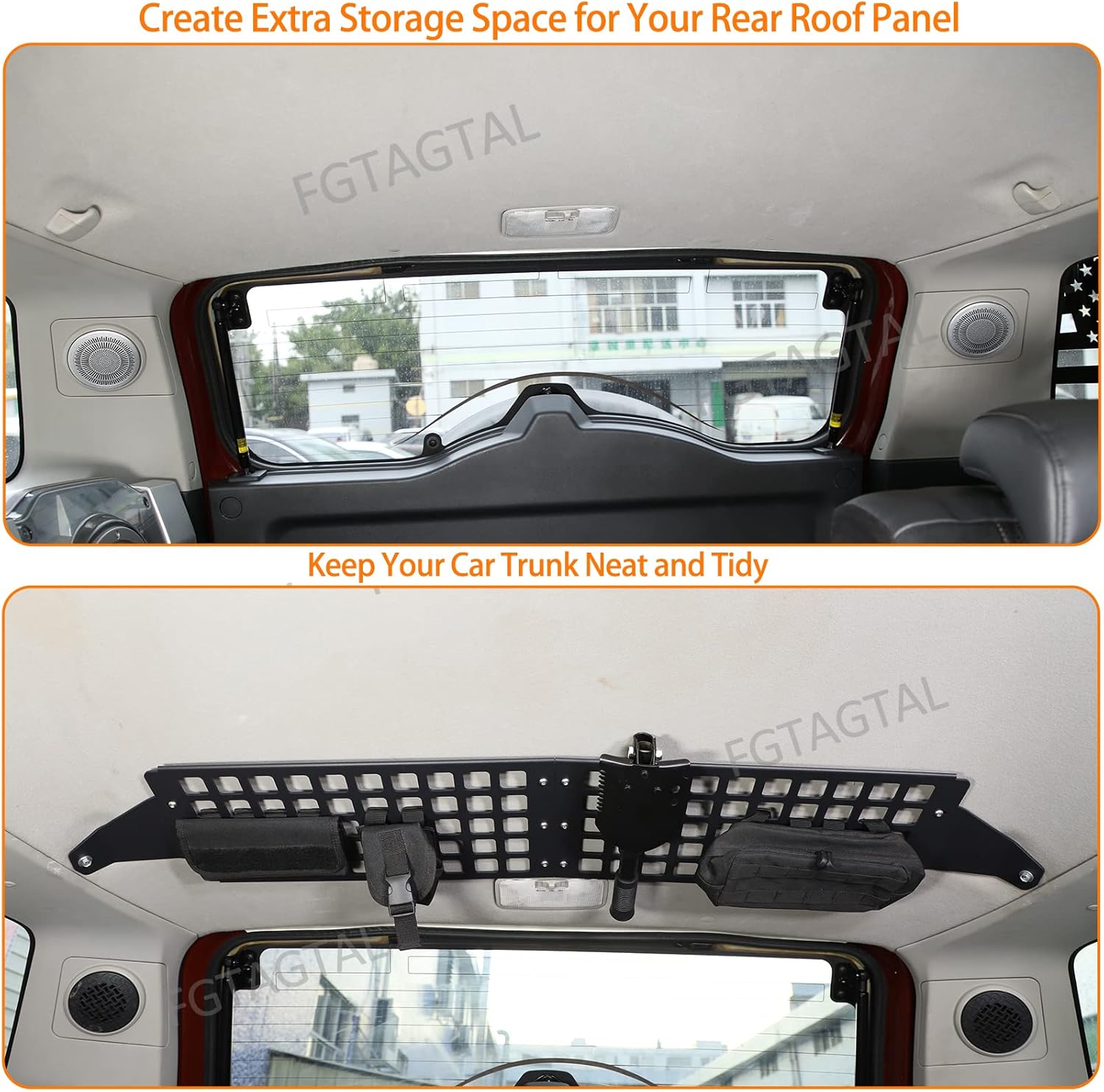 Car Trunk Roof MOLLE Panel Bracket Compatible with Toyot@ FJ Cruiser 2007-2021, Overhead MOLLE Panel Storage, Inner Rear Roof Hanging Bag Rack Holder (Rear)