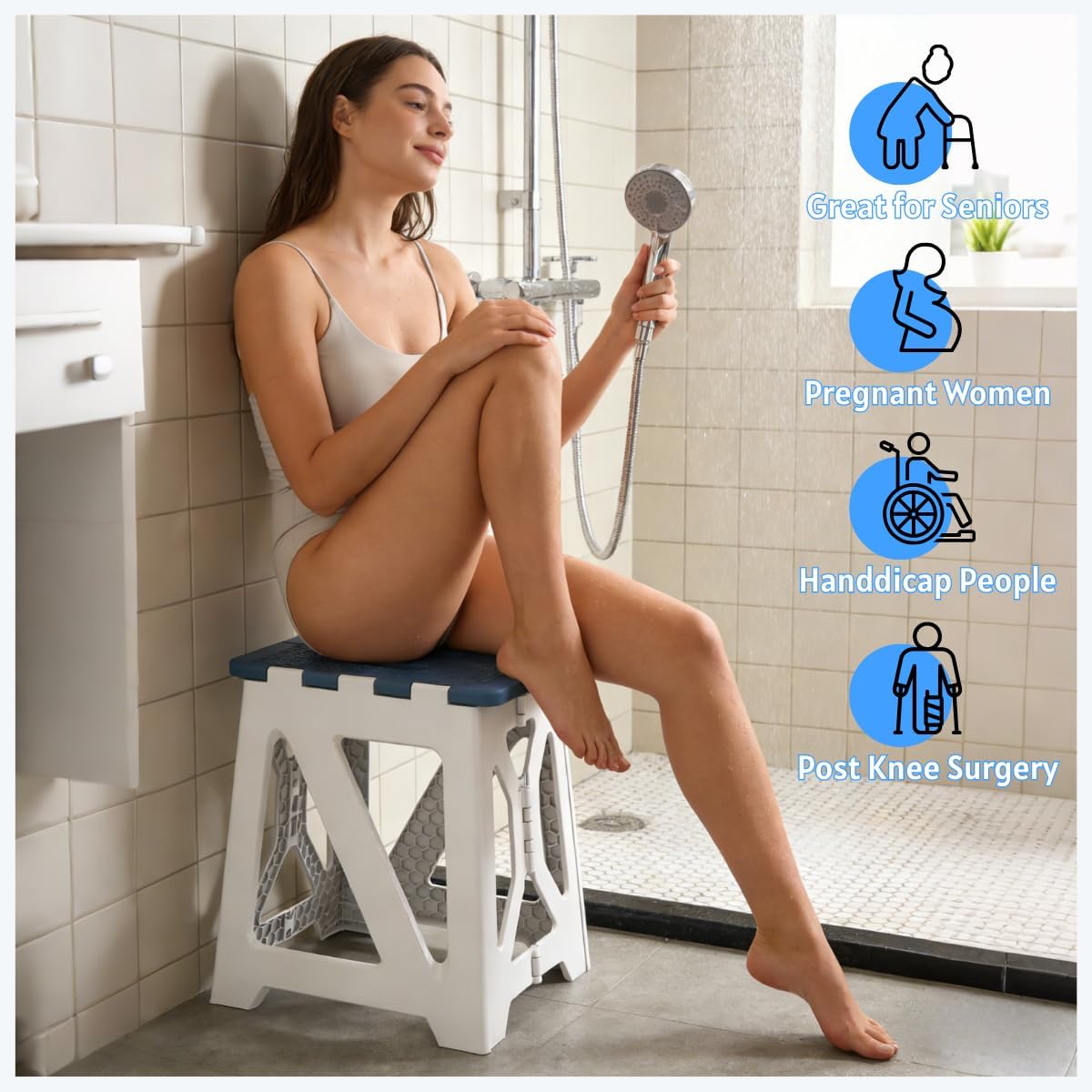 Folding Shower Stool - Foldable & Anti-Slip Shower Chair for Inside Shower - 330lbs Safety Waterproof Plastic Fold Up Shower Seat - Portable Travel Compact Bath Bench for Elderly, Handicap & Disabled