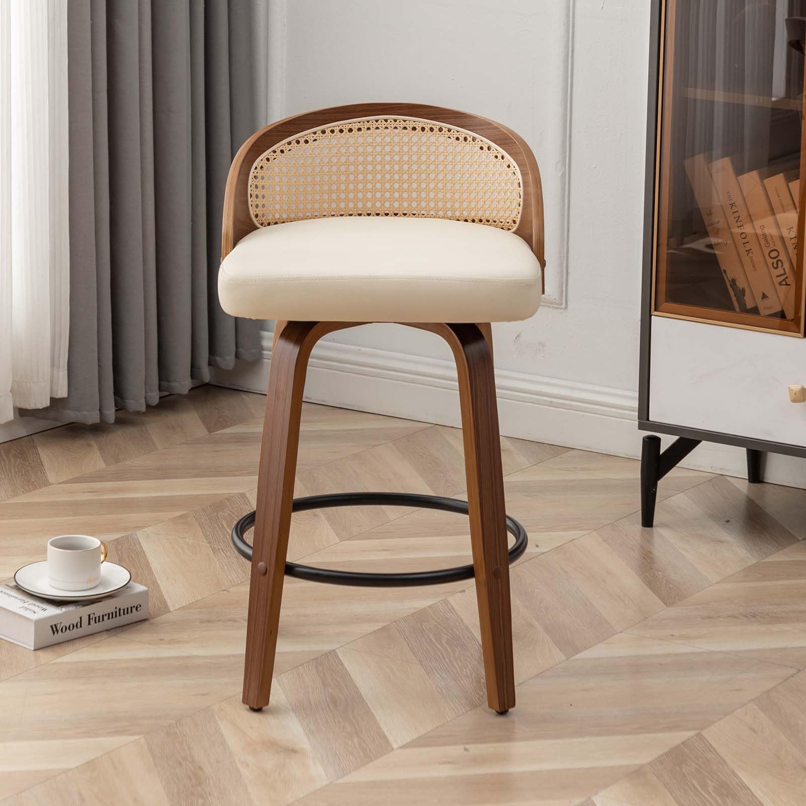 YOUUGIOR 26" Swivel Rattan Bar Stools,Mid-Century Modern Beige Leather Upholstered Counter Height Stools,Kitchen Island Barstools with Rattan Low