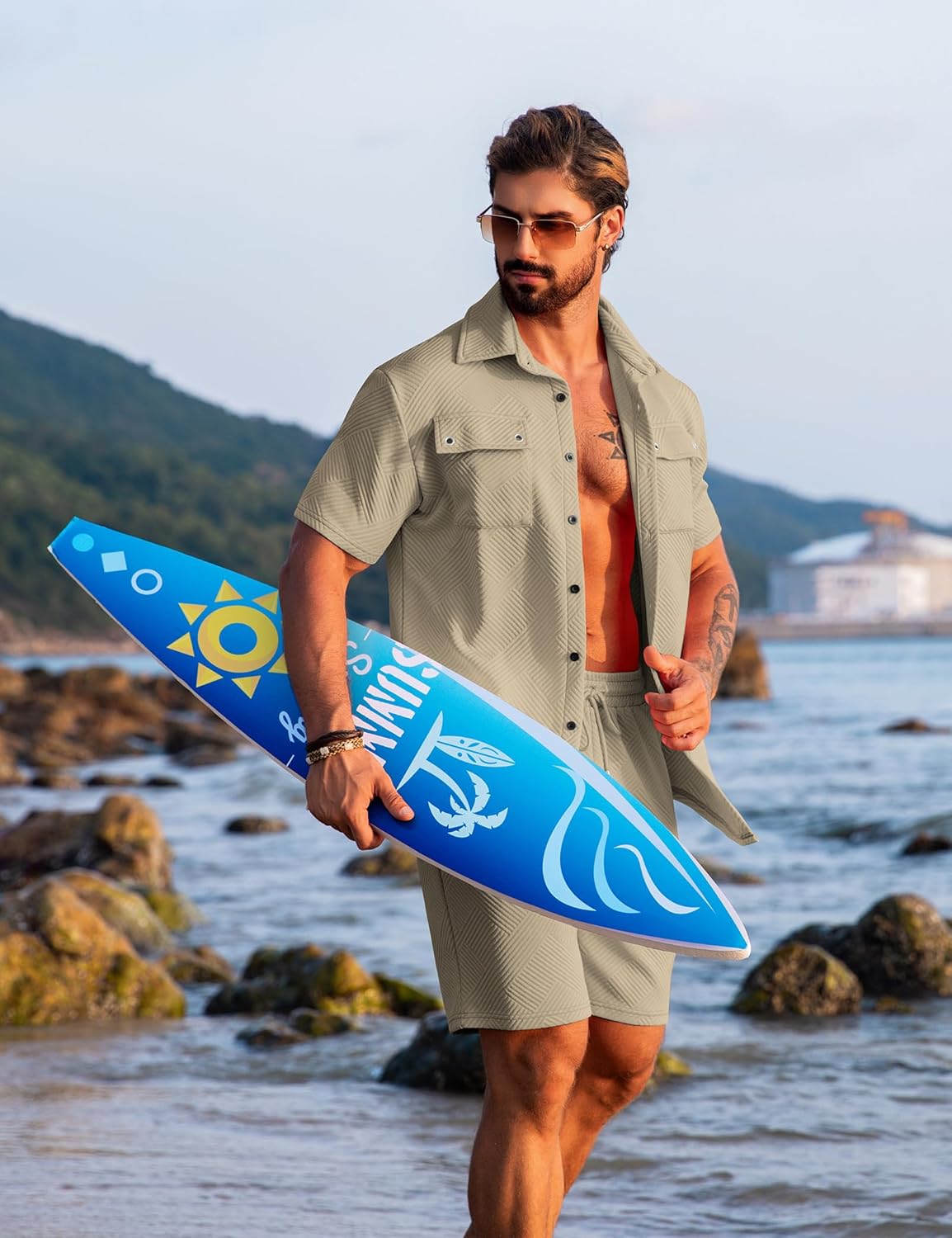 URRU Mens 2 Piece Summer Beach Outfits Textured Short Sets Casual Short Sleeve Button Down Matching Shirt and Shorts Set - Image 4