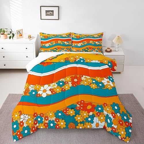 Feelyou Juego de edredón retro de flores hippie para niñas y niños de los años 60S y 70S, edredón Groovy decorativo vintage con ondas de arco iris,