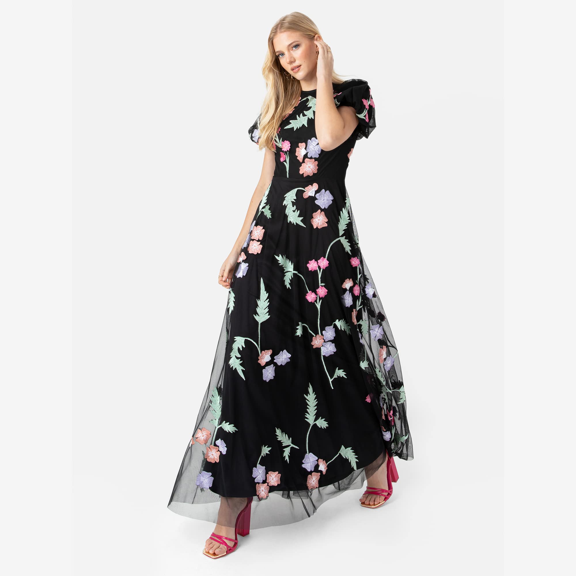 Maya Deluxe Womens Maxi Dress Ladies Floral Embroidered Open Back Puff Sleeves Dress For Wedding Guest Bridesmaid Prom Occasion Vestido Mujer