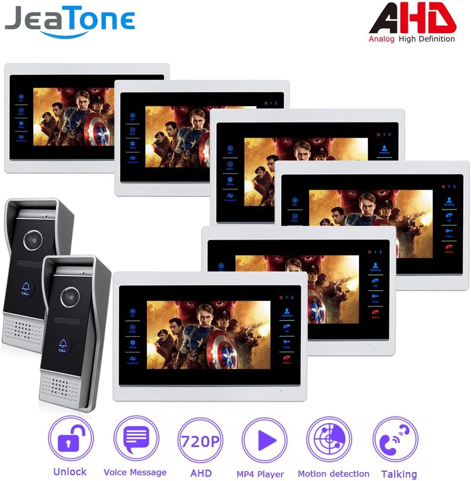 Jeatone 7inch TFT LCD Color Intercom System AHD Video Door Phone with Touch Button Waterproof for Villa 6 Monitors 2 Cameras