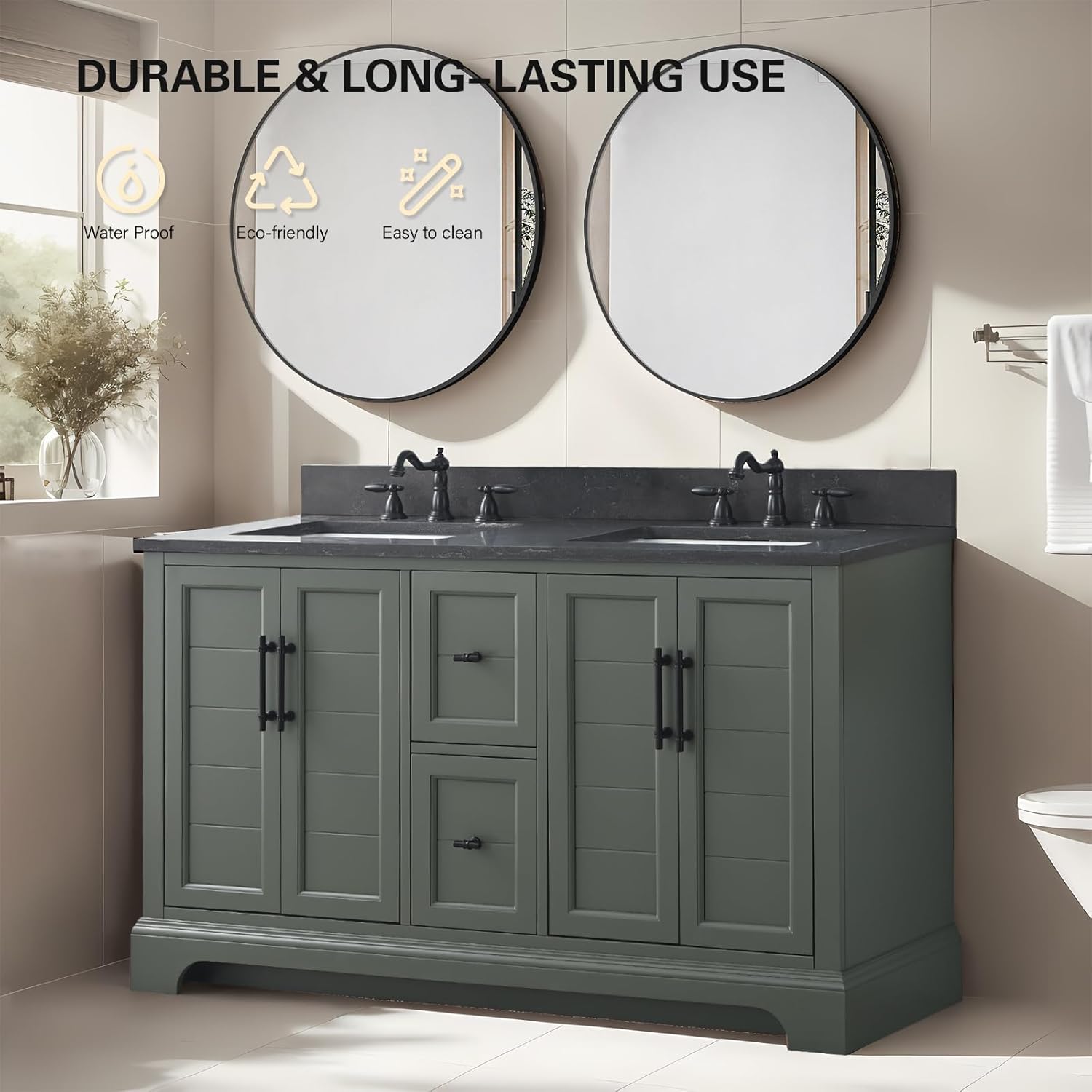 HOMEBEYOND 54 Inch Bathroom Vanity with Sink & Ceramic Top, Double Vanity Cabinet with Basin, Soft-Closing Doors, Backsplash,Vintage Green