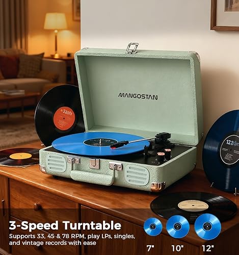 Miniatura 10 de Reproductor de discos de vinilo Bluetooth, tocadiscos portátil de 3 velocidades con altavoces de graves integrados, reproductor LP de maleta