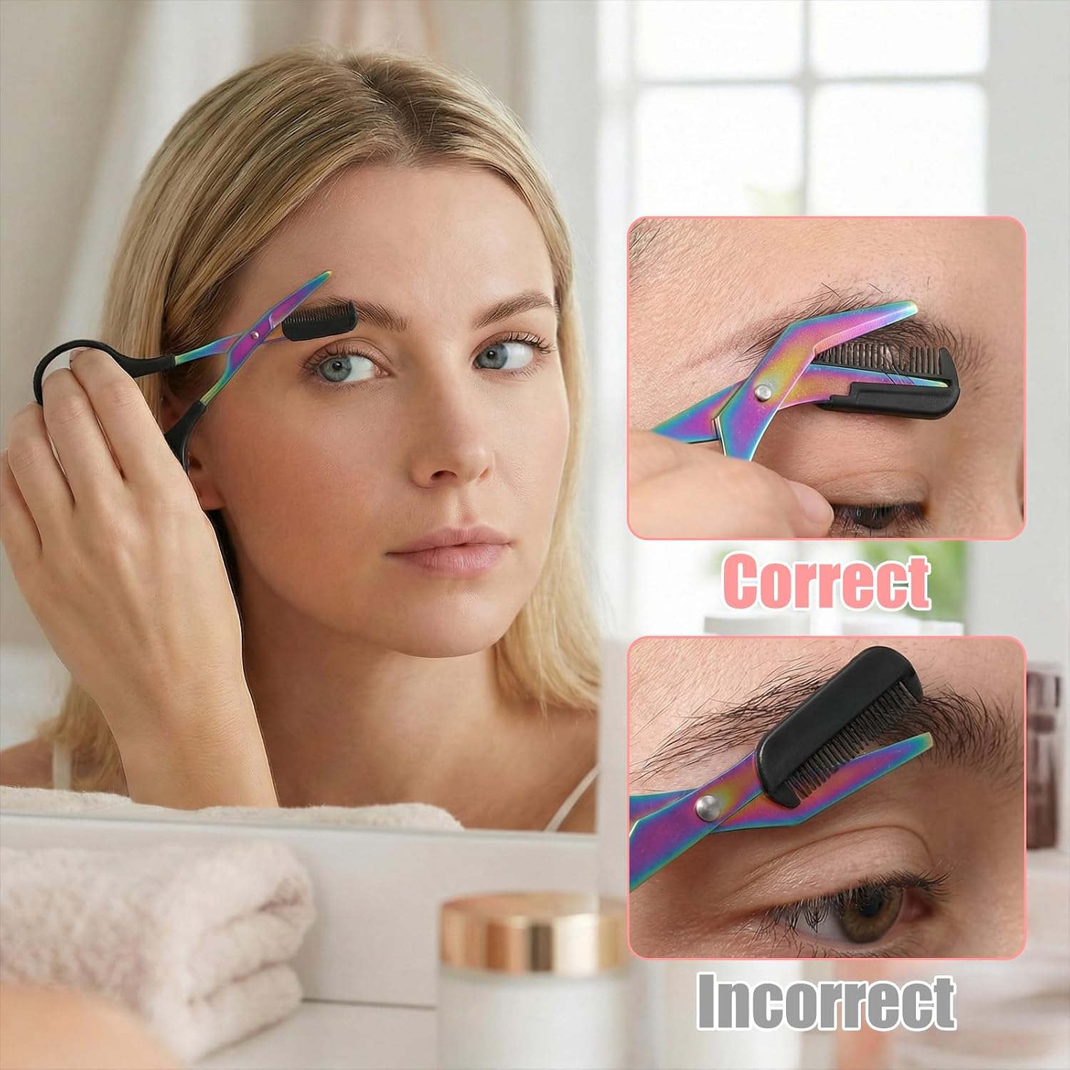2Pcs Eyebrow Trimming Scissors,Eyebrow Trimmer Scissors, Brow Scissor with Comb, with 4 eyebrows trimmers,Comb Head Detachable, Hair Removal Beauty Accessories for Men Women, Black