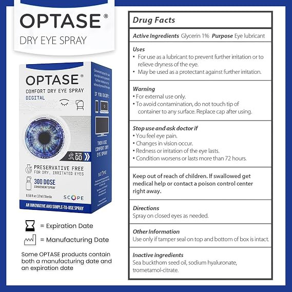 Optase Comfort Dry Eye Spray - Preservative Free Artificial Tears Drops Alternative - Dry Eye Drops in a Convenient Spray - Multi-Use Bottle, Contact Lens Safe - .58 fl oz