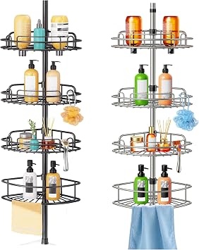 HAMITOR Shower Caddy Tension Pole 4-Tier Rustproof Bathroom Corner Shelf Organizer for Renters - No Drill Large Shampoo Storage Rack - Adjustable 47-121 Inch - Space Saving Bathtub Accessory - 2 Set