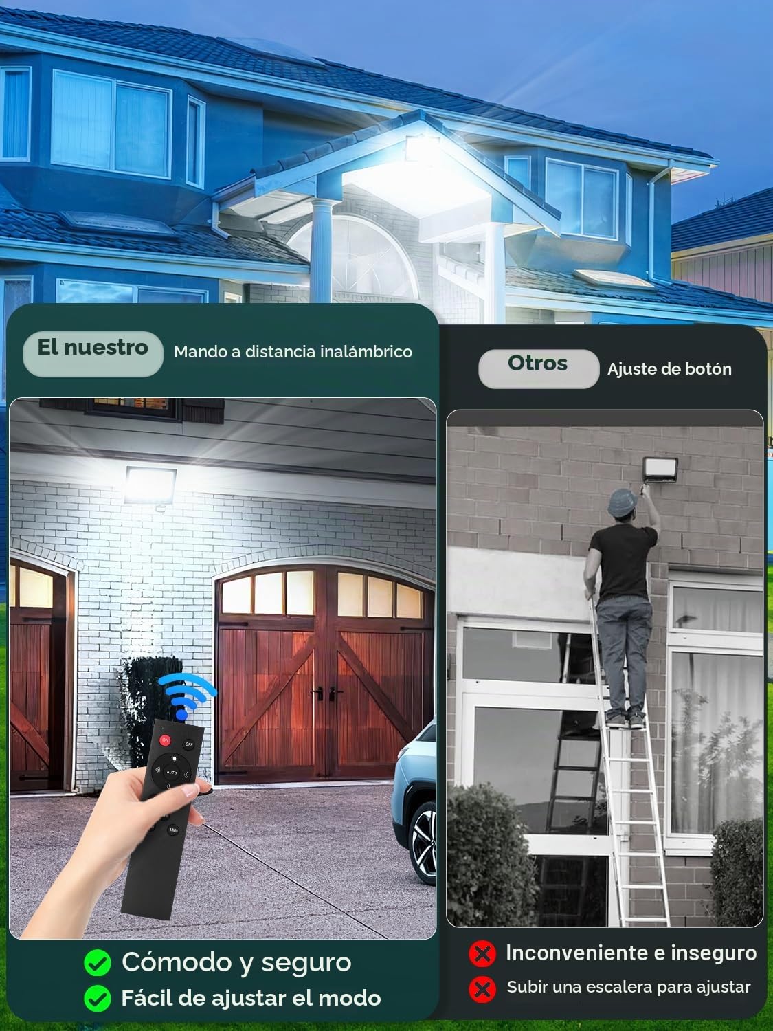 Focos LED Exterior con Sensor Movimiento 150W,15000LM Foco Exterior Potente con Mando a Distancia,6500K Blanco Frío Foco Proyector, IP66 Impermeable Luz LED para Jardín Terraza Garaje