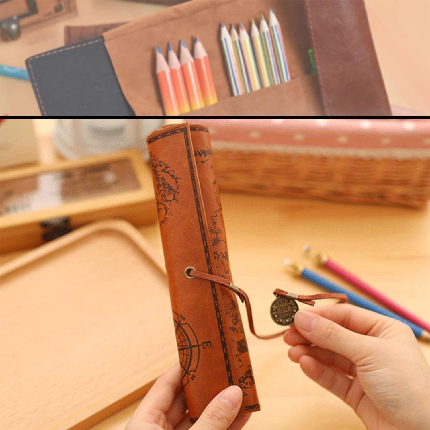Furret PU Leather Roll Up Pen Bag Vintage Map Pencil Case Smooth Cover Storage Furret PU Leather Roll Up Pen Bag Vintage Map Pencil Case Smooth Cover Storage