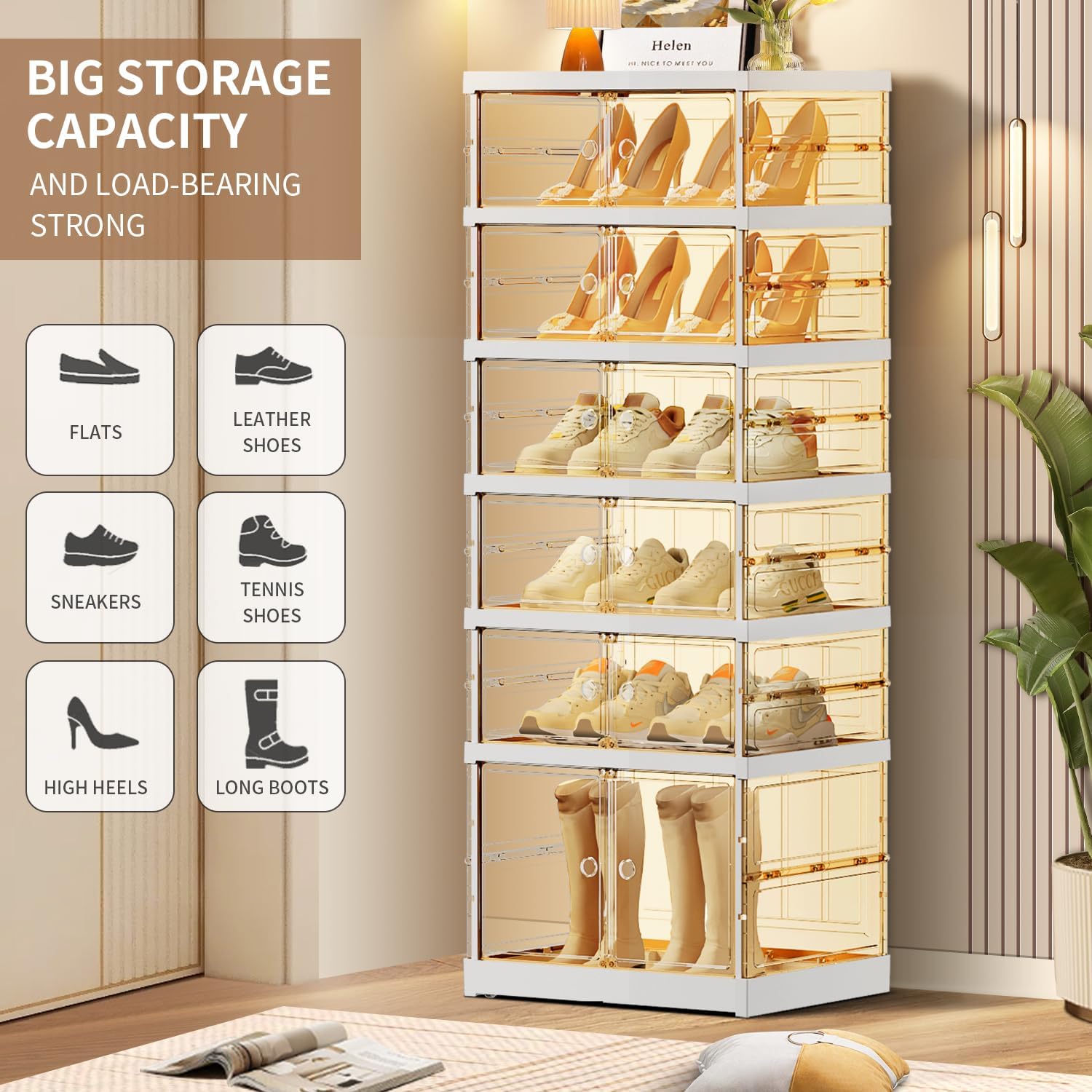CIMLORD 6-Tier Foldable Shoe Rack for Closet Entryway 6-12Pairs,Stackable Clear Shoe Storage Boxes Organizer with Door Plastic Small Shoe Cabinet Bins with Lids Narrow Shoe Shelf Easy Assembly