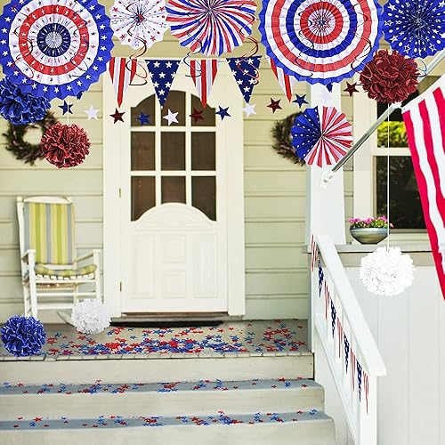 Miniatura 4 de Juego de decoraciones patrióticas del 4 de julio: suministros de fiesta con la bandera estadounidense del 4 de julio, abanicos de papel rojo, blanco