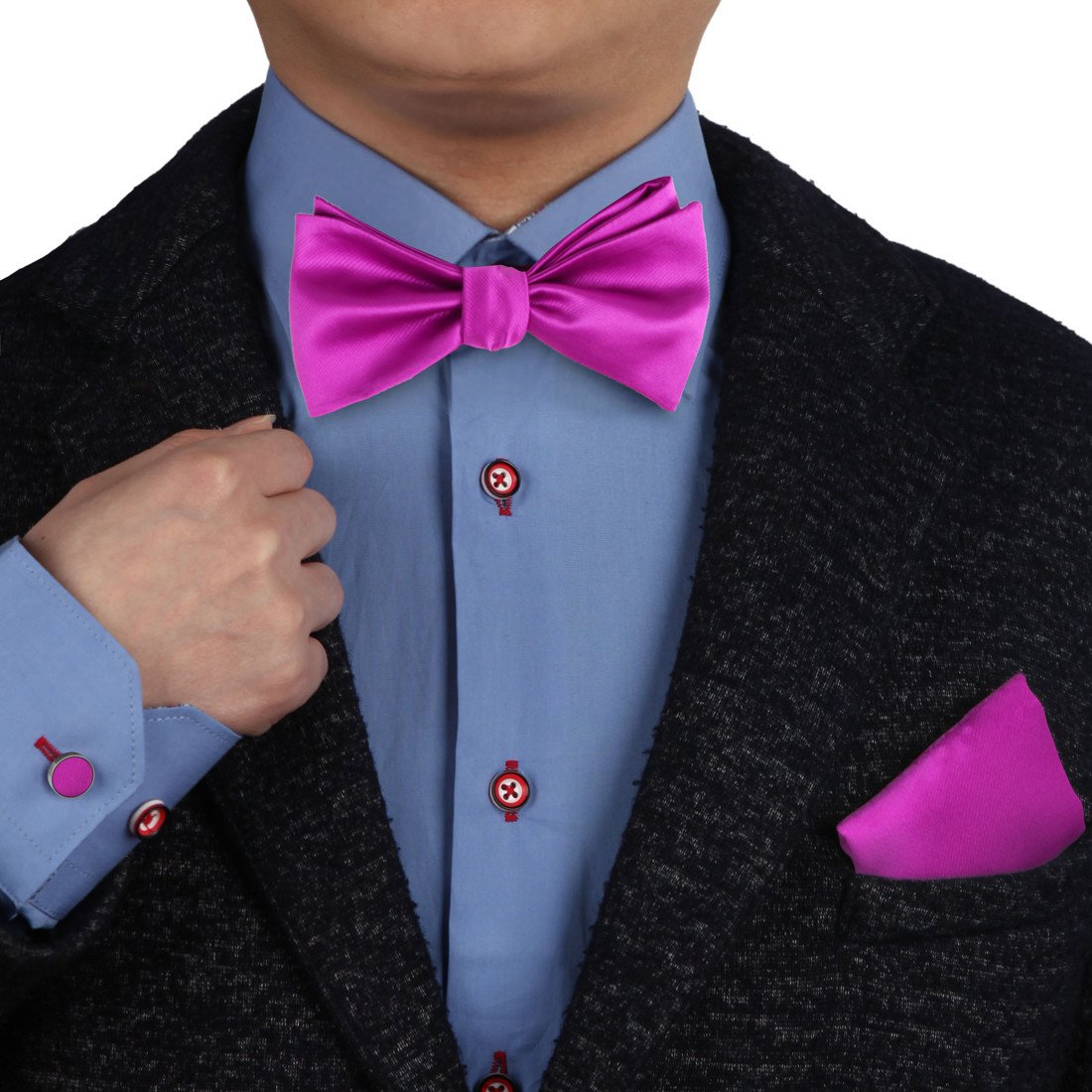 BT1028 Magenta Solid Silk Self Bowtie Hanky Cufflinks For Mens Presents By Epoint