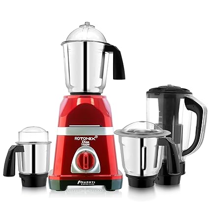 Rotomix Latest New Model DIAA 1000-Watts Mixer Grinder with 100% Copper Motor with 3 Heavy Aluminium base Stainless Steel Jars and 1 ABS Juicer Jar 4R(Dry Jar, Chutney Jar, Liquid, Juicer Jar) Red-Silver