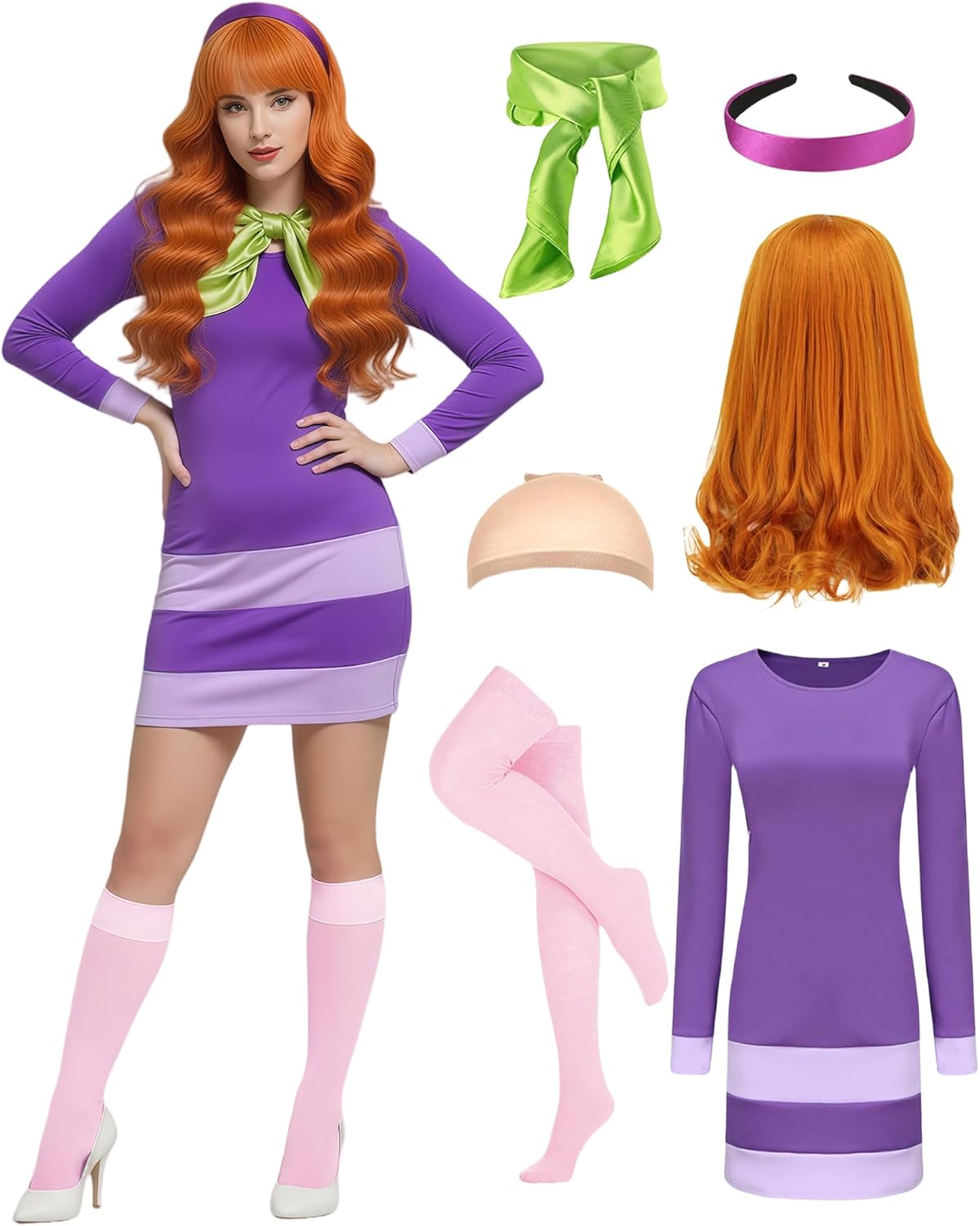 Daphne Costume Dress Women Adult Halloween Costume Deluxe Cosplay Outfits Wig Scarf Headband Stockings Accessories