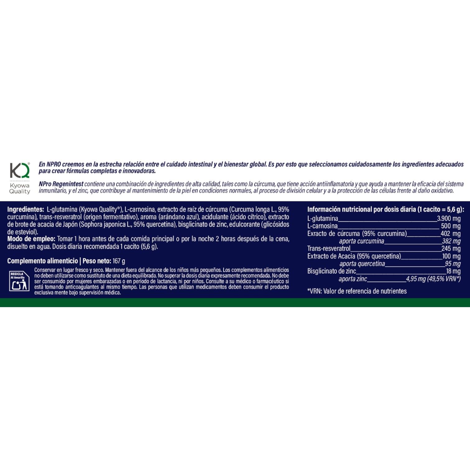NPro SALUD INTESTINAL Regenintest 167g Polvo Sabor Arándano Azul – Suplemento con L-Glutamina Kyowa®, Carnosina, Cúrcuma, Trans-Resveratrol y Zinc – Protege y Regenera Mucosa Intestinal