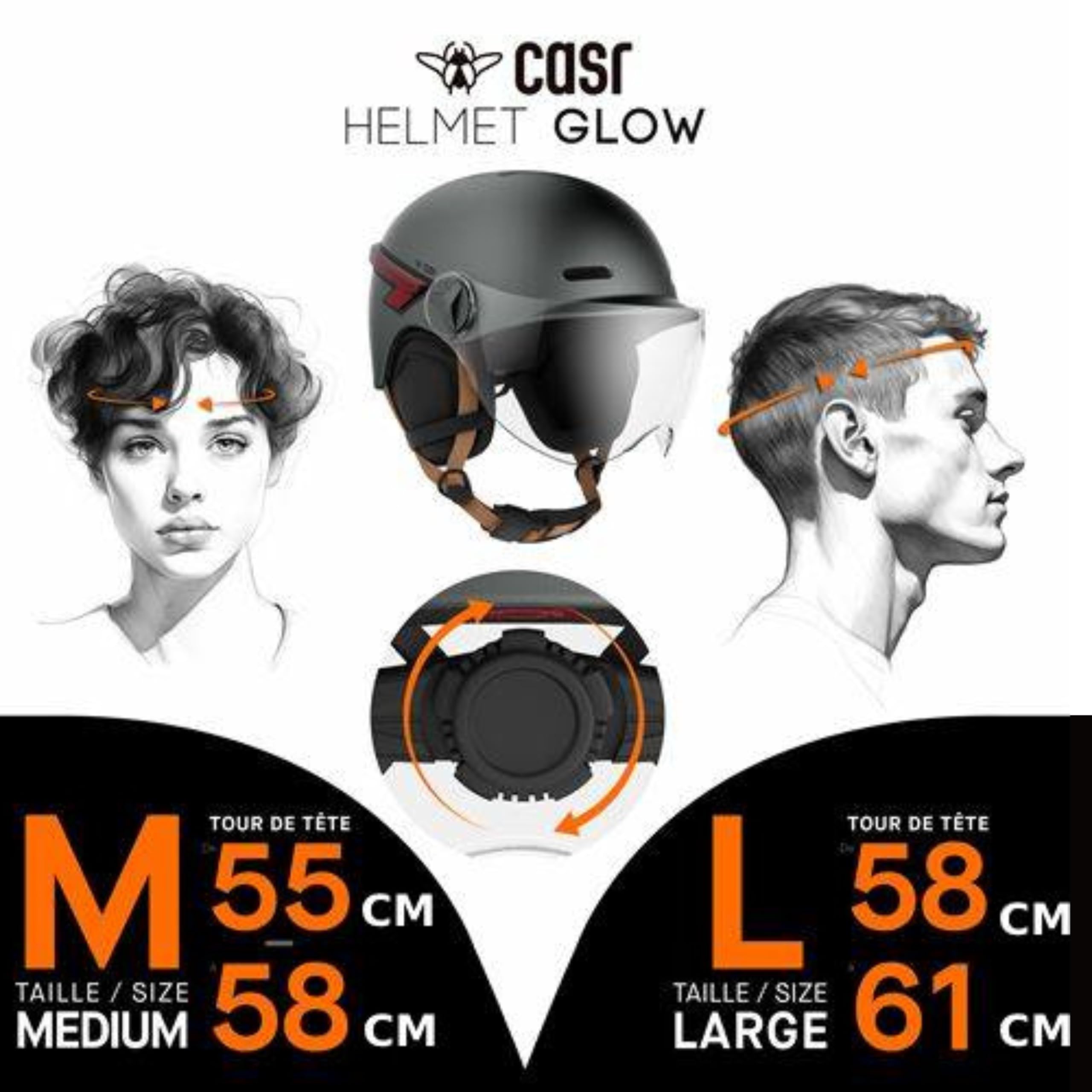 CASR Glow Casque LED Vélo Trottinette Visière XL Cache-Oreilles Amovibles Clignotants Télécommande Gris Taille L