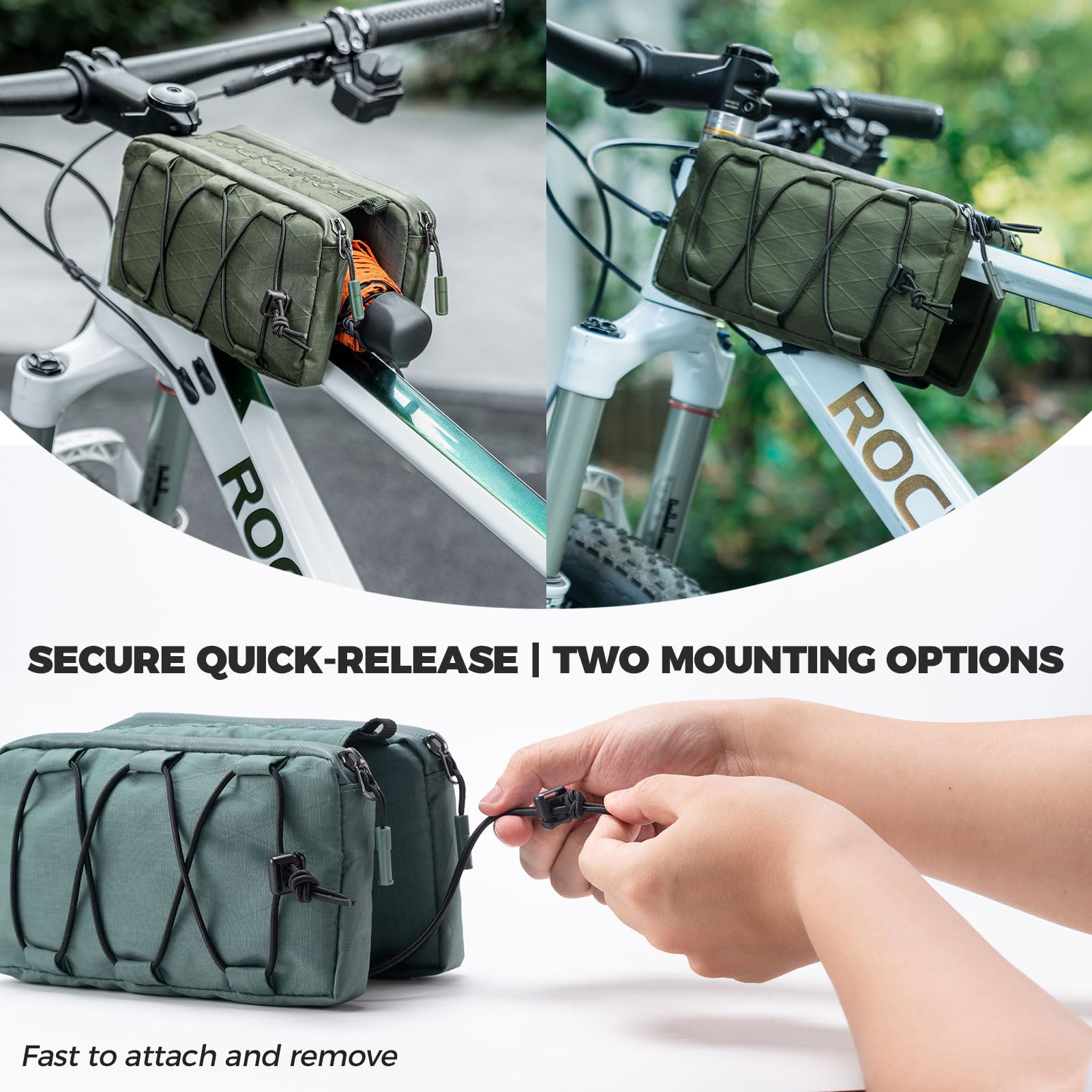 ROCKBROS Borsa Telaio Bici 1 L, Borsa da Bicicletta Tubo Superiore 2 Tasche Laterali, con Cordino Elastico Laterale con Tracolla, per Bici da Corsa MTB Trekking Commuting, Nero