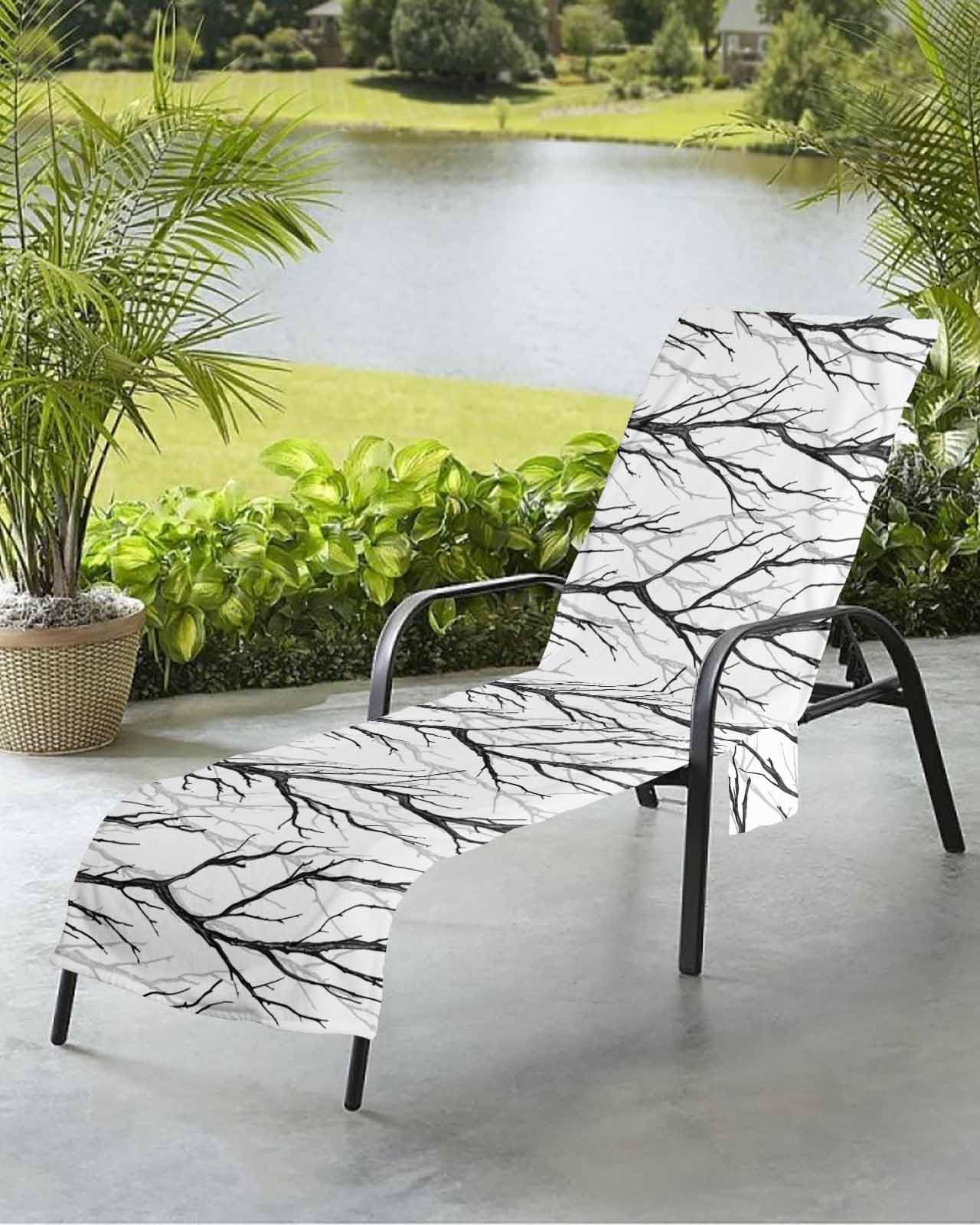 Abstract Contemporary Branch Beach Chair Towel Covers for Chaise Lounge with Side Pocket, Soft Plush Pool Towels Cover for Patio Sunbathing Outdoor Black Tree Minimalist White 29''x85''