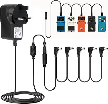 9V 1A Guitar Pedal Power Supply with 5 Way Daisy Chain Pedal Cables DC Charger Adapter for Behringer JOYO Donner BOSS Sonicake MXR TC Electroneic Zoom Bass Effects Guitar Tip Negative